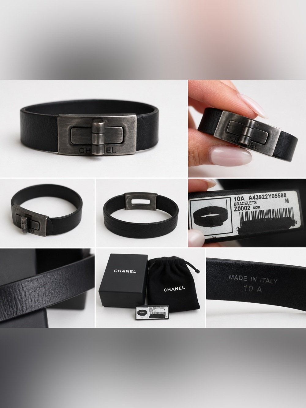 Chanel Black Leather Turn-Lock Bracelet A43922 with Box, Pouch & Tag